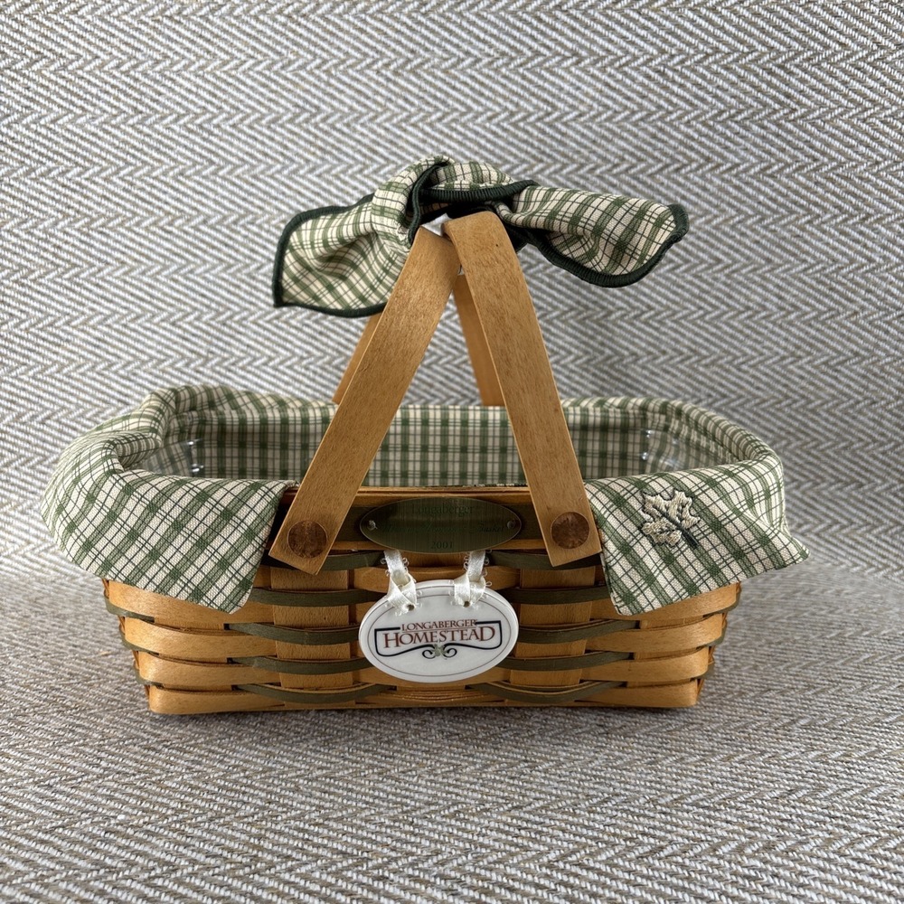 Longaberger 2001 Woven Memories Basket, Liner, Protector, Tie On Family Singed